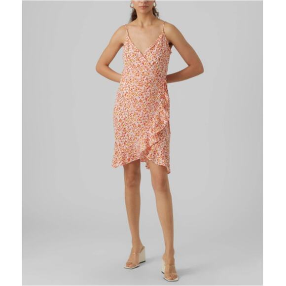 New VERO MODA NORDSTROM Women's Orange Floral Emma Wrap Sundress Size L - Picture 1 of 8